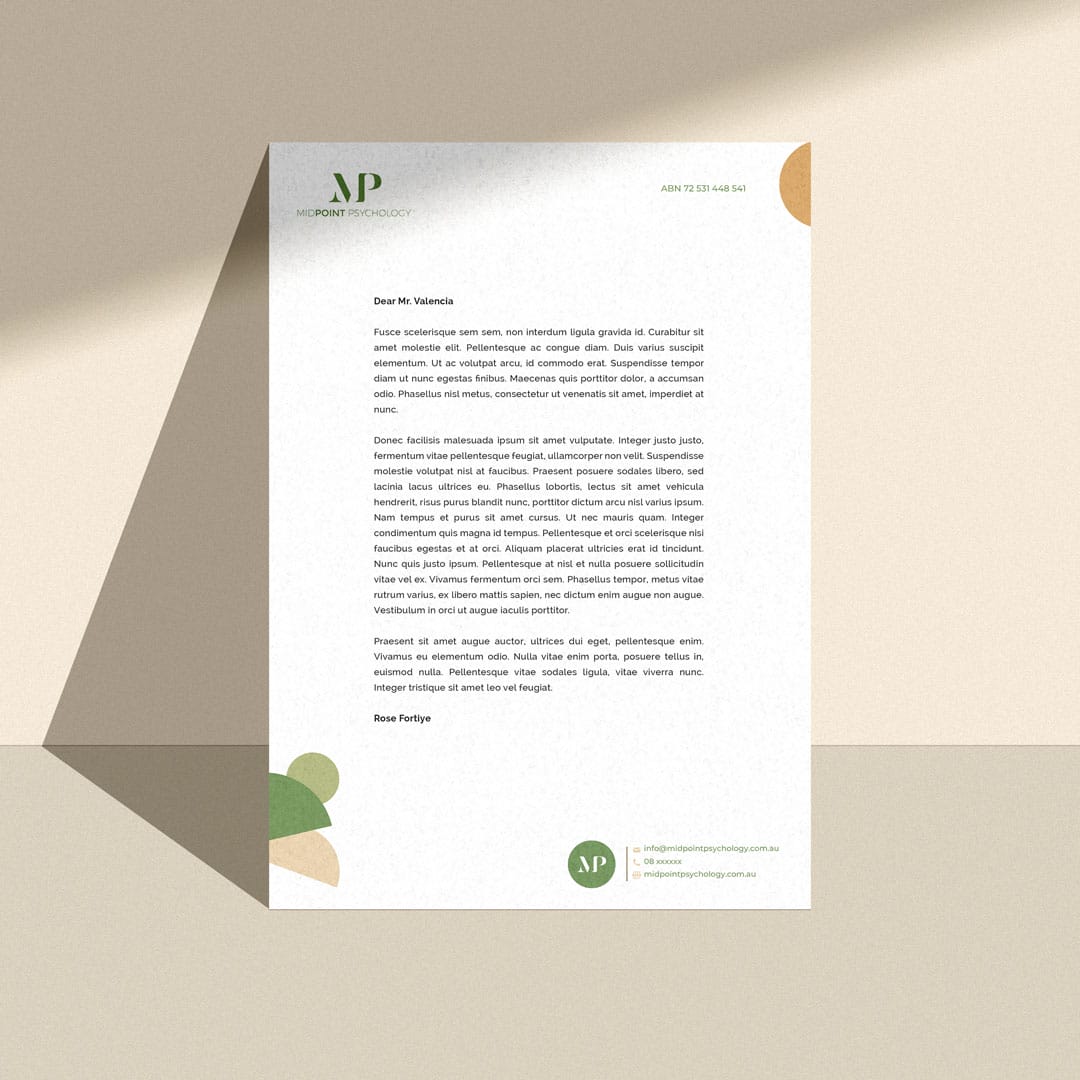 A letterhead template featuring the Midpoint Psychology branding with a green background.