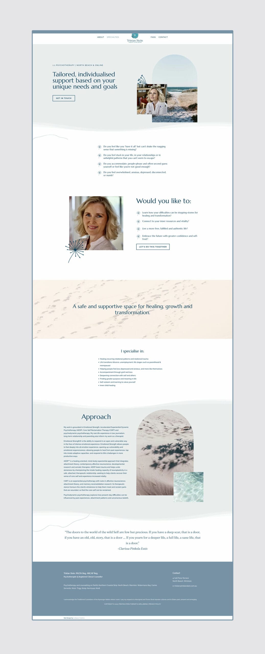 A beach-themed website designed for Tristan Stein  Psychology using the Website In A Day method.
