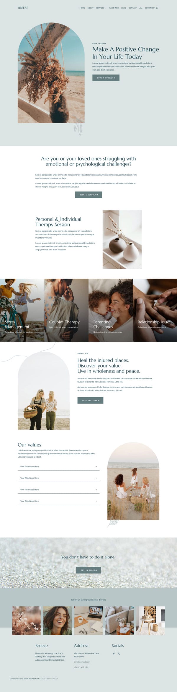 Website homepage design for a mental health therapy service, featuring calming images and sections about services, mission, and contact information. This site uses the Breeze WordPress Template optimised for psychologists.