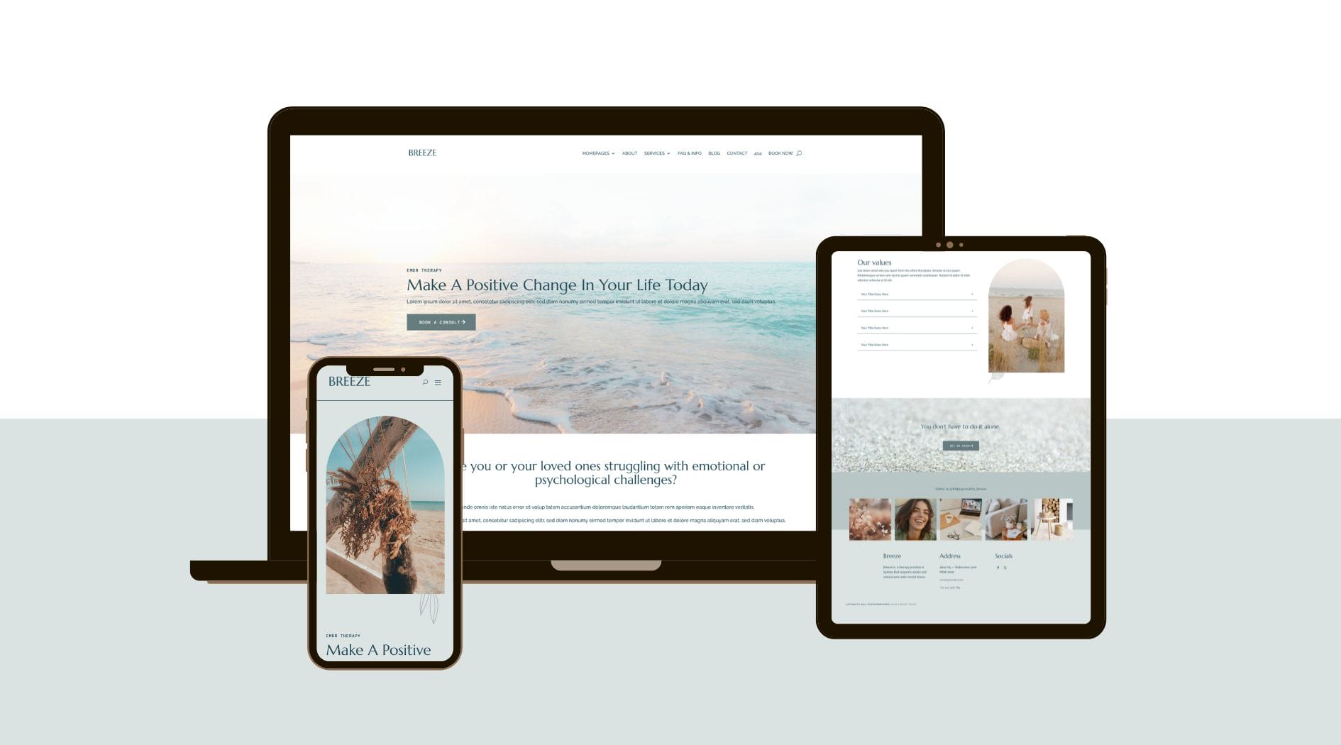 Responsive website design displayed on a desktop monitor, laptop, tablet, and smartphone, featuring calming beach imagery and wellness content.